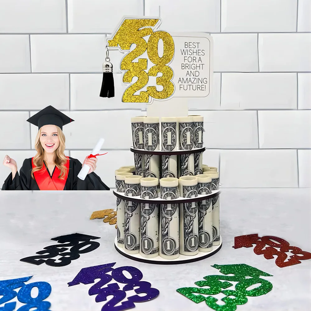 

2023 креативный подарок на выпускной, держатель наличных денег, преобразующий поздравление, выпускная карта, деревянный кошелек, стойка для торта, «сделай сам», подставка для денег
