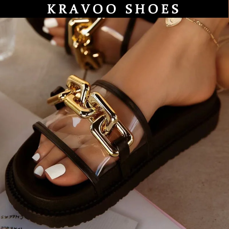 

Женские шлепанцы с цепочкой KRAVOO, пляжные Нескользящие сандалии на плоской подошве, мягкие уютные сексуальные шлепанцы, летняя новая женская обувь 2023