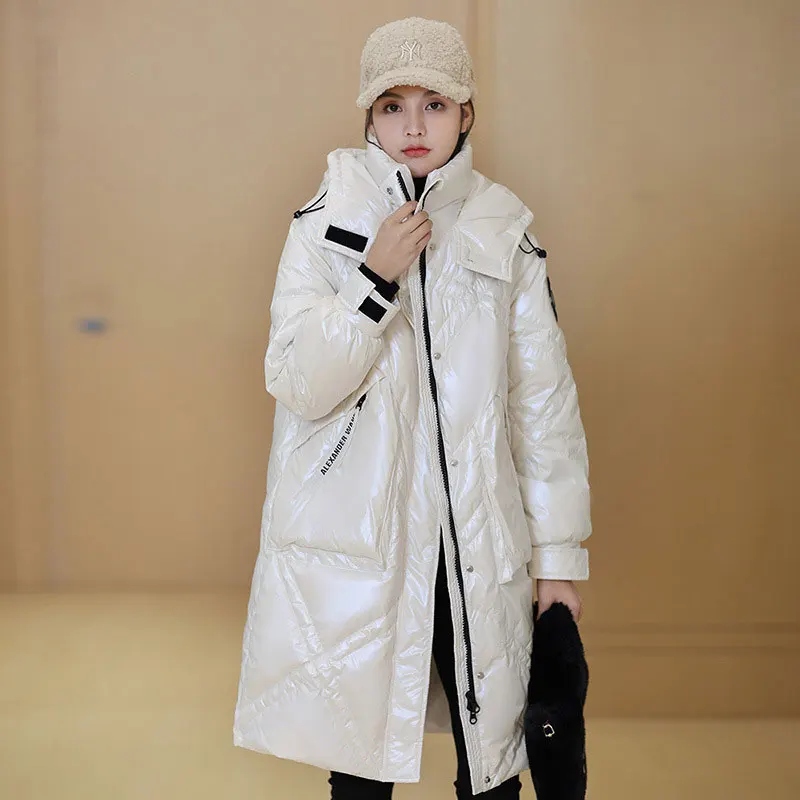 

Mid Length Down Jacket Hooded Lightweight Winter Women's Fashion Shiny White Duck Down Coat Women's Parka Loose Warm Outwear