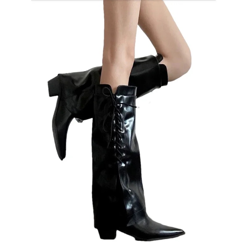 Женские высокие сапоги с острым носком обувь на каблуке зимняя дизайнерская