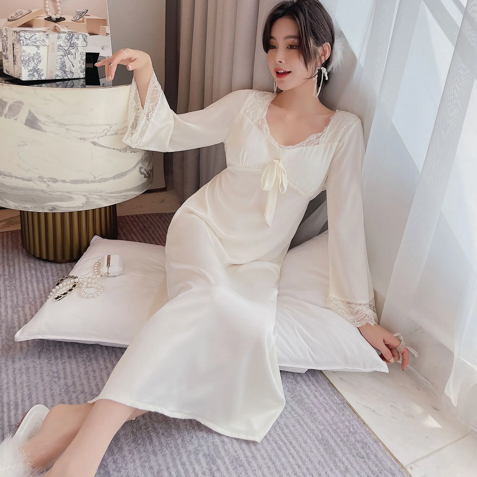 

Sexy Lace Trim Sleep Dress Women Nightgown Silky Satin Sleepwear Intimate Lingerie Nightwear Home Dressing Gown Lounge Robe Wear