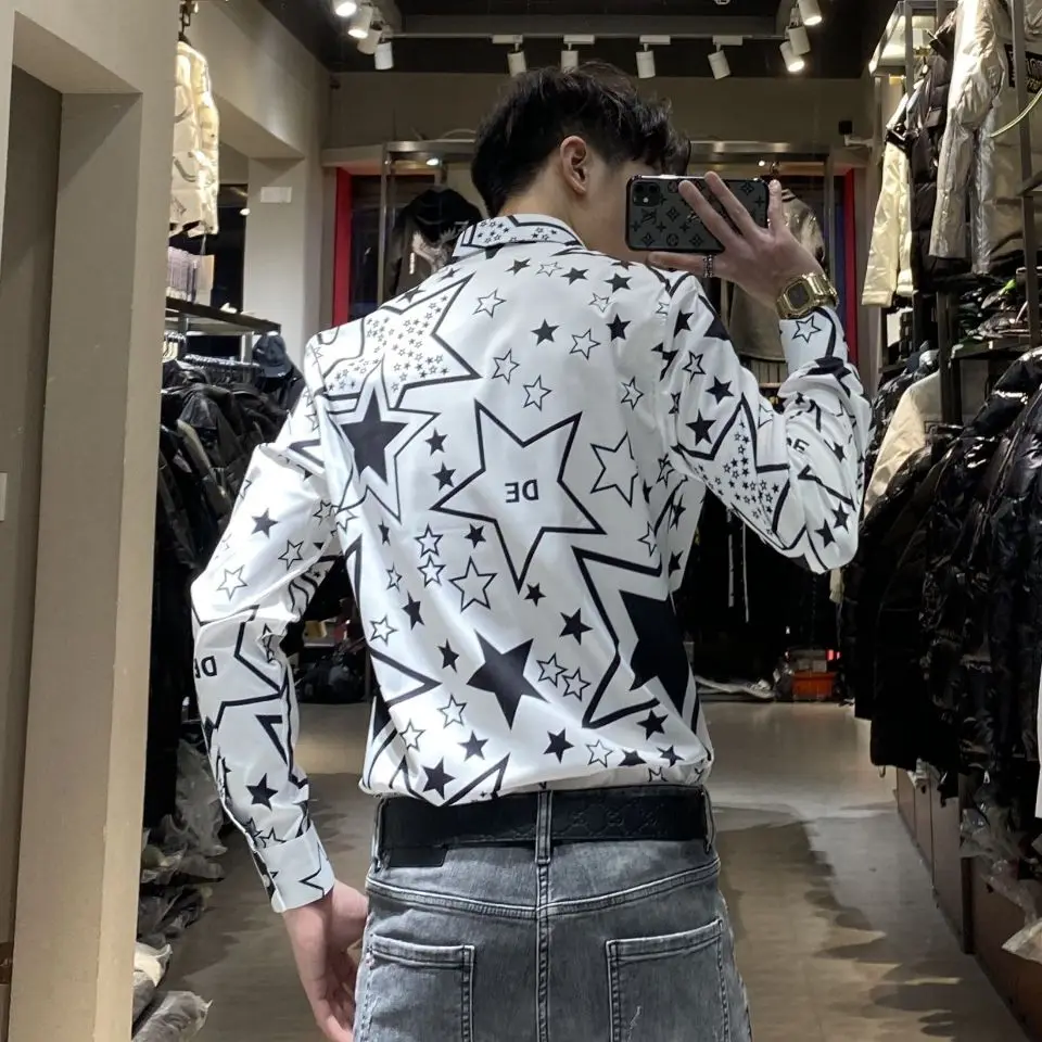 Korean fashion slim handsome flower shirt men's fashion brand fashion personality star printing long sleeve shirt