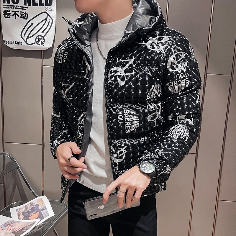 2022 Winter 3D Letter Hooded Puffer Parkas Men Thicken Warm Zipper Casual Jacket Fashion Streetwear Social Overcoat Men Clothing