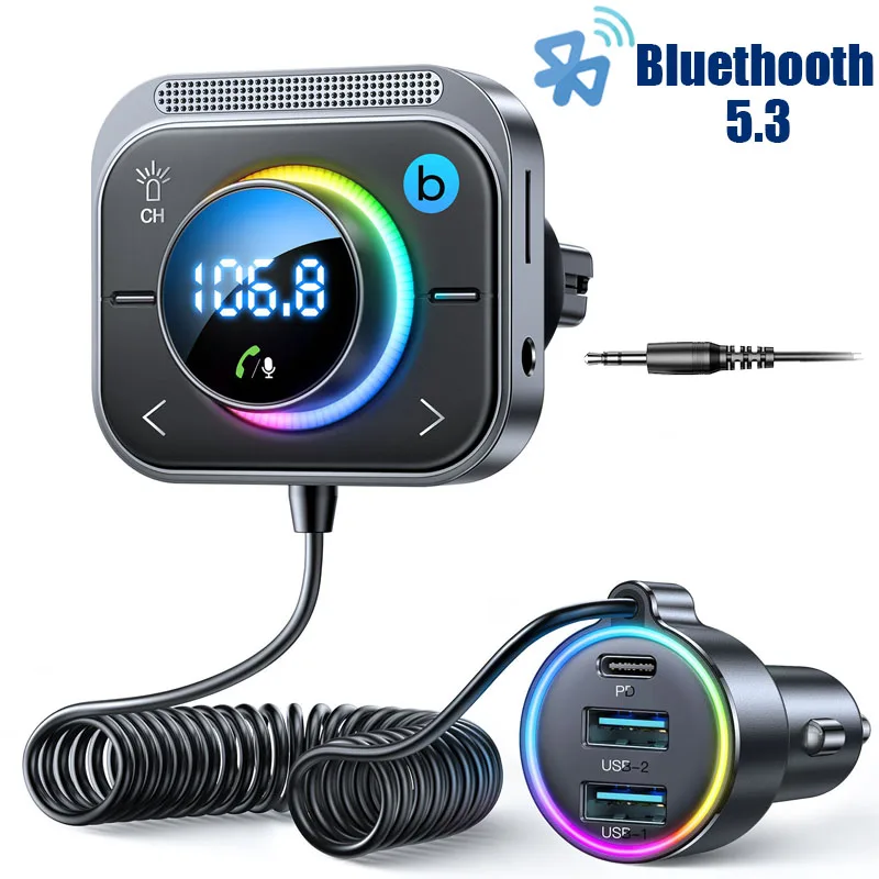 Автомобильный MP3-плеер Bluetooth 5,3, FM-модулятор, беспроводной RGB-подсветка, TF-карта, U-дисковый плеер, быстрое зарядное устройство с двумя USB Type-C, автомобильные комплекты