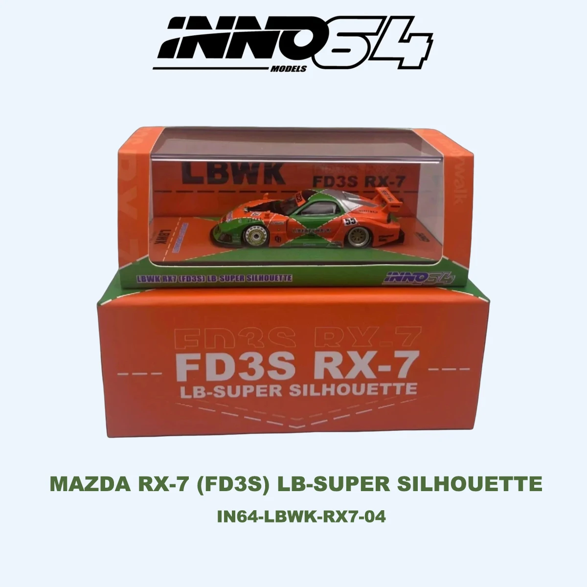 INNO64 1:64 LBWK Mazda RX-7 FD3S 3 варианта исполнения: белый, синий # 1  Зеленый апельсин # 55  Черно-красная модель автомобиля из литого металла в наличии (art.: 3920dbc533441) - 3920dbc533441