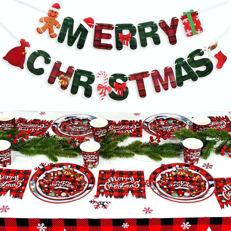 

Merry Christmas Party Disposable Tableware Set Paper Plates Cup Napkin Banner Xmas Decorations For Home Navidad New Year