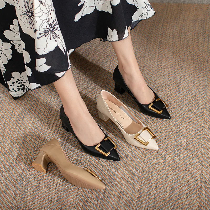 

Fashion Pointed-toe Women Pumps For Office Shoes 2023 Black Mid Heel Chunky-heel PU Autumn 5cm High Heels for Female Work Shoes