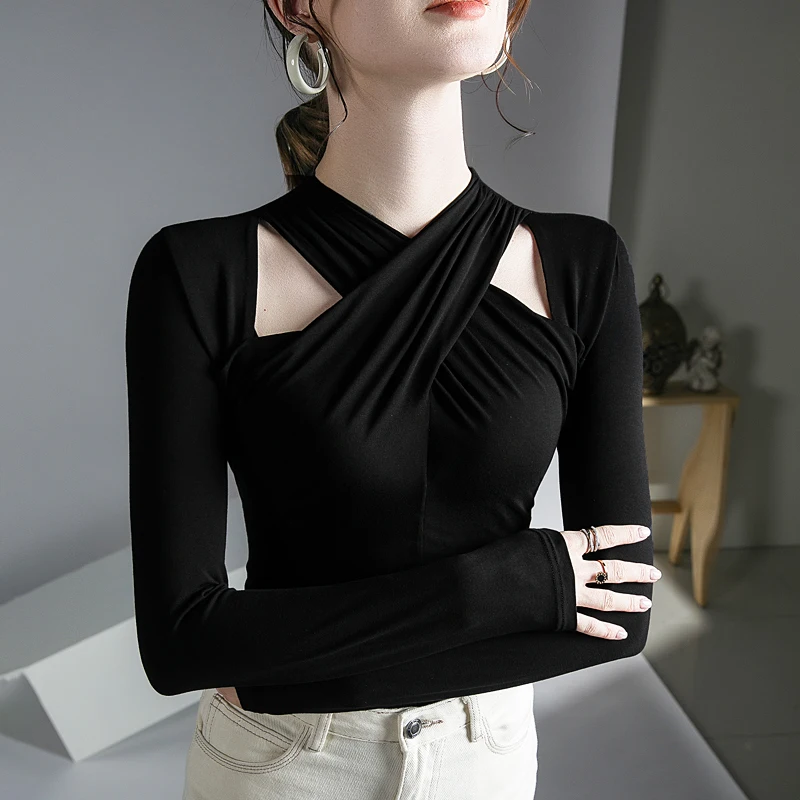

female full sleeve O-neck cotton T-shirt tee girls slim stretchy chic off-shoulder patchwork tshirts tops for woman 2020 autumn