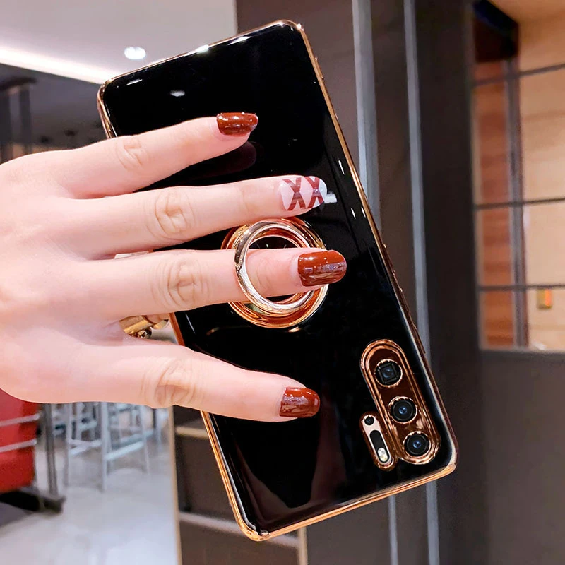 luxury plating silicone case for huawei p30 pro p20 mate 20 p40 honor 20 30 pro nova 5t phone soft magnet cover with ring holder free global shipping