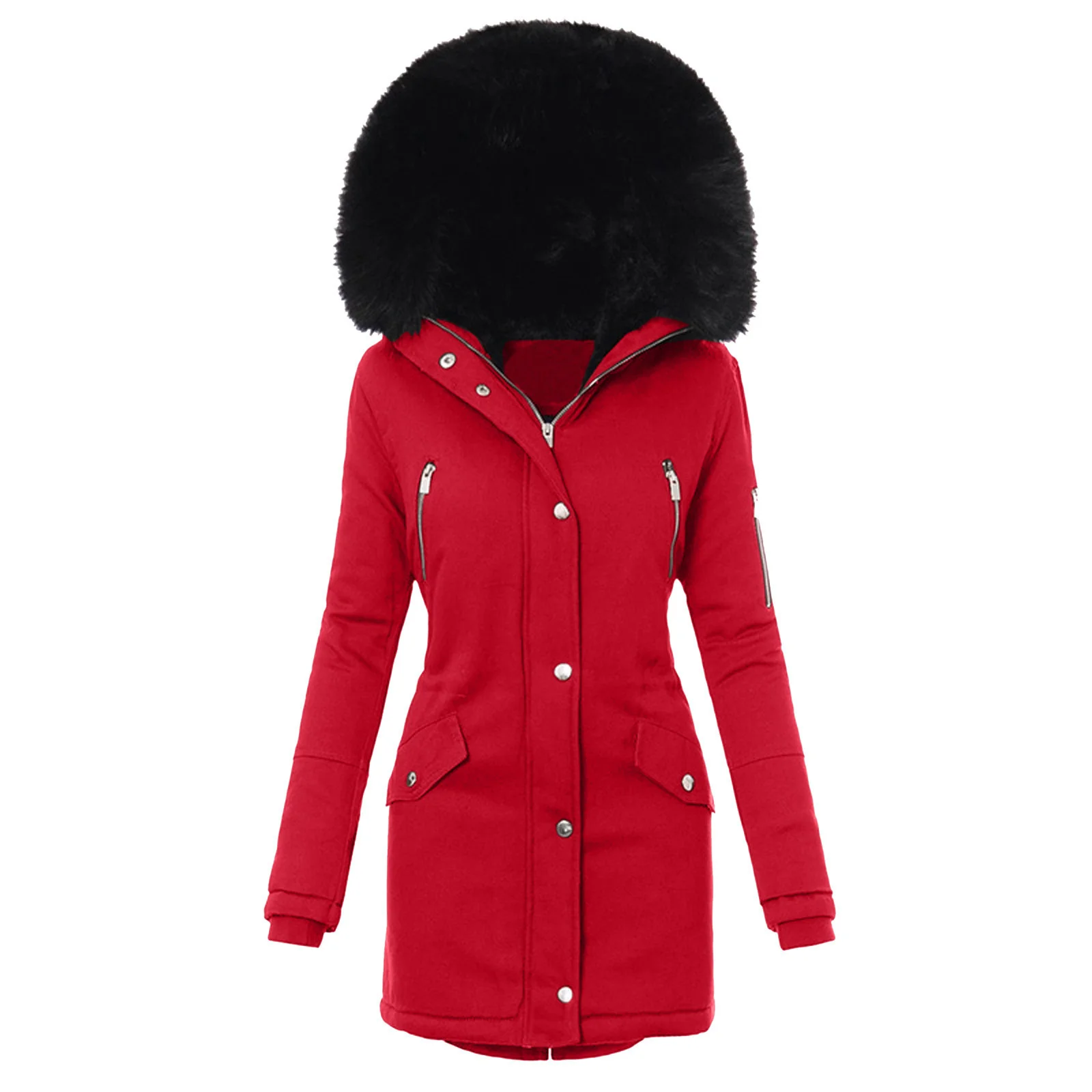 New winter hooded women's Thickened warm Medium length wool collar casual coat Women