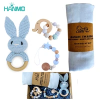 1set newborn gift bed bell toy bath towel cotton blanket pacifier chain rabbit hand bell kids crochet rattle toy gift