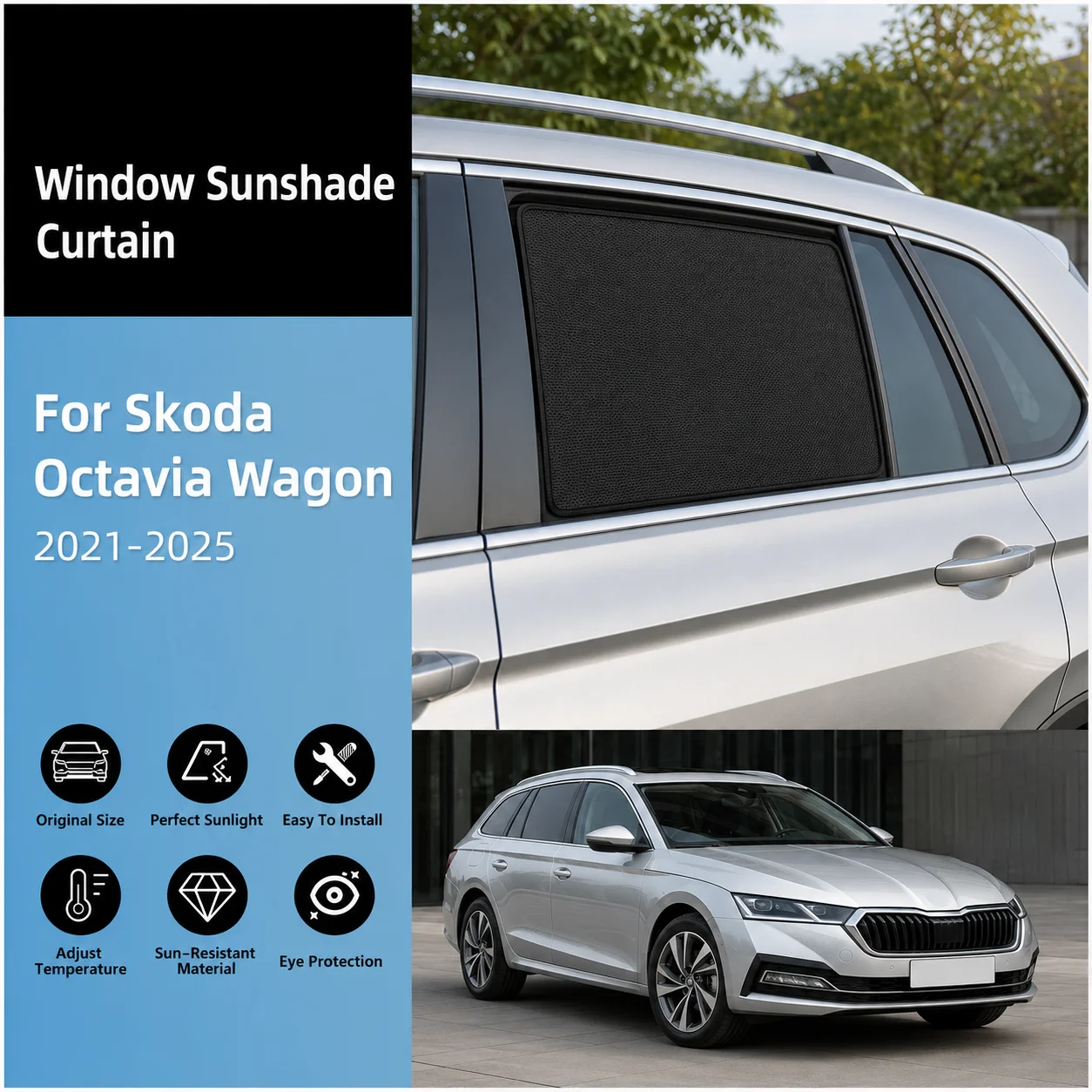 Фото Индивидуальные солнцезащитные шторки на окна автомобиля для Skoda Octavia MK4 Standard RS vRS Combi 2021-2026, боковые шторки на рамке №1