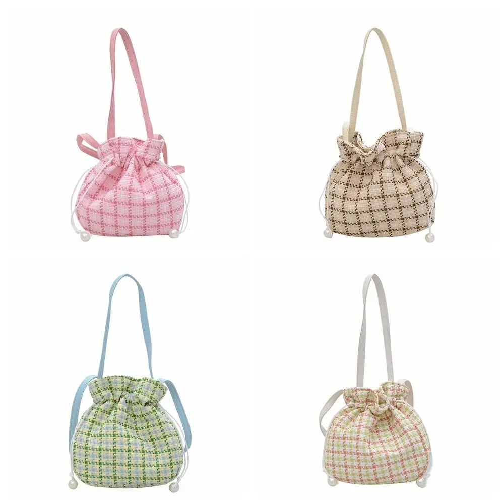 Элегантная решетчатая женская сумка-мешок на шнурке винтажная милая сумка через