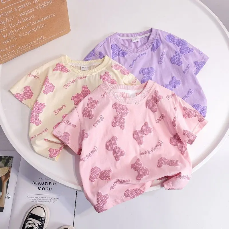 

2022 Summer Girls Cute Cartoon Bear Print Short Sleeve T-shirt Three Colors