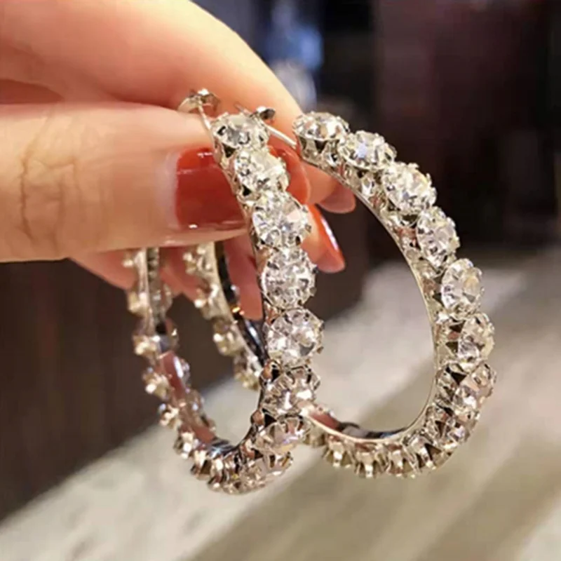 

Fashion Big Circle Hoop Earrings Micro Paved Shiny AAA CZ Rhinestone Zircon Crystal for Women Party Wedding Jewelry