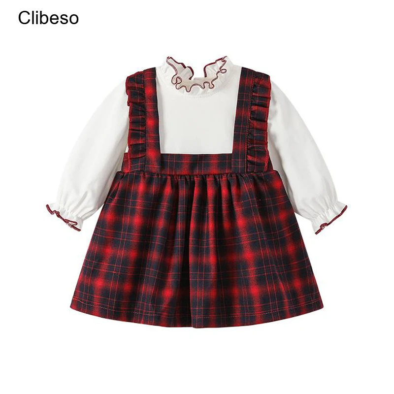 

2023 Clibeso Fashion Dress for Kids Girl Children Preppy Style White Blouse + Suspender Plaid Dresses Infants Spanish Outfits