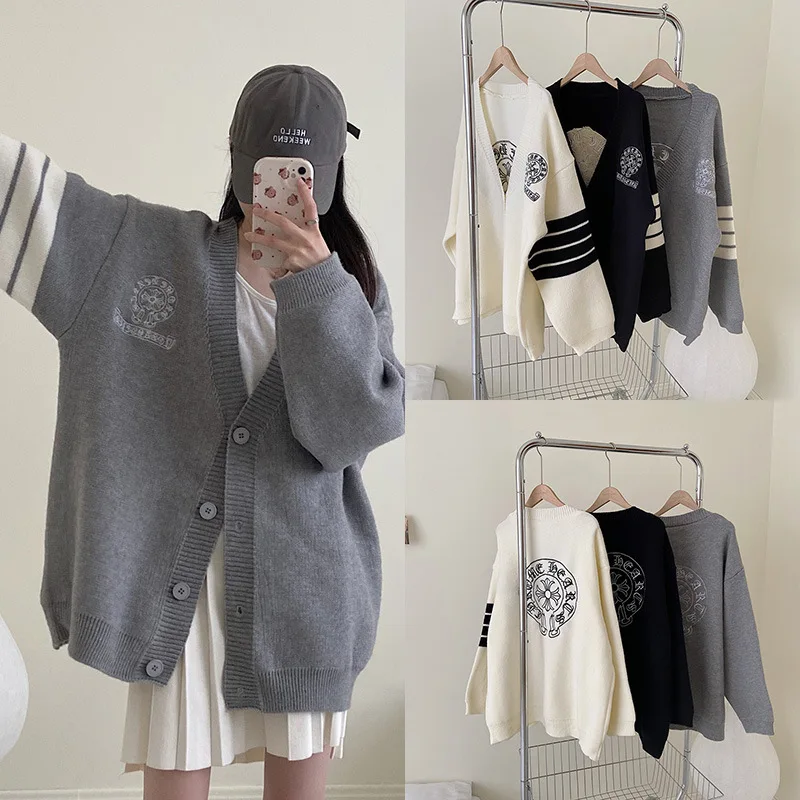 

EMBROIDERED KNIT CARDIGAN COAT WOMEN'S EUROPEAN STATION Fashion Sign Letter V Neck Single Breasted Long Sleeve Sweater