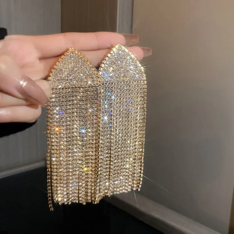 

FYUAN Fashion Gold Full Rhinestone Drop Earrings Oversize Long Tassel Crystal Earrings for Women Statement Jewelry