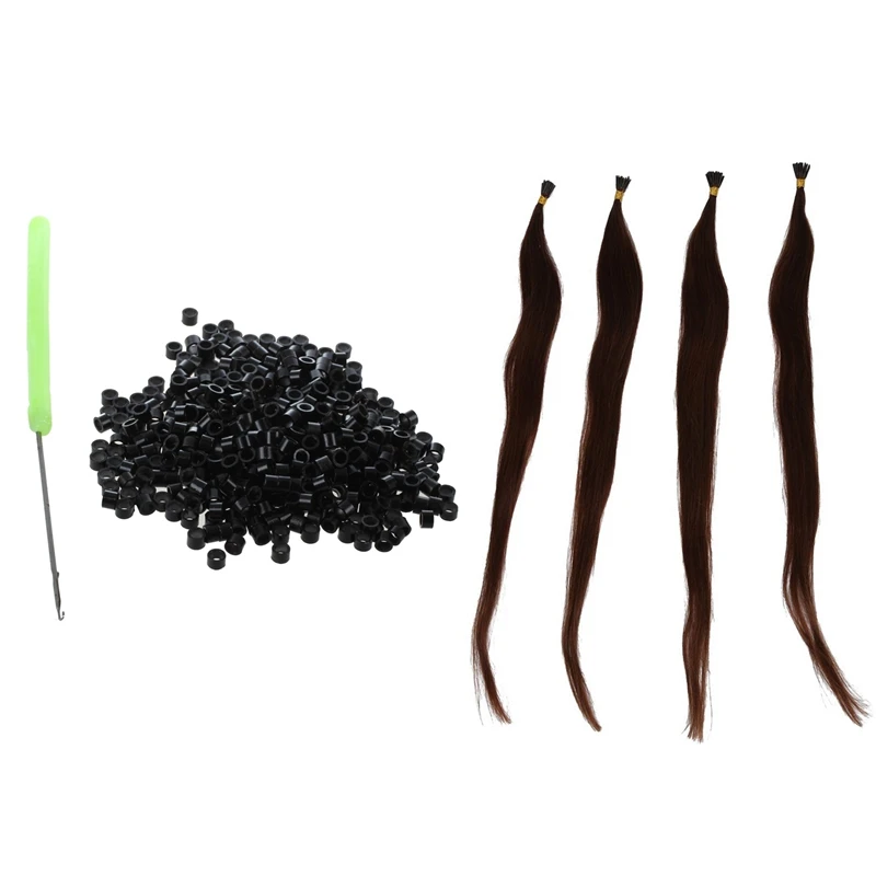 

100X22 дюйма кератиновые предварительно скрепленные волосы I-образные волосы Remy наращивание человеческих волос 04 (22 дюйма, средне-коричневый) и 500 X микроинструменты удлинители