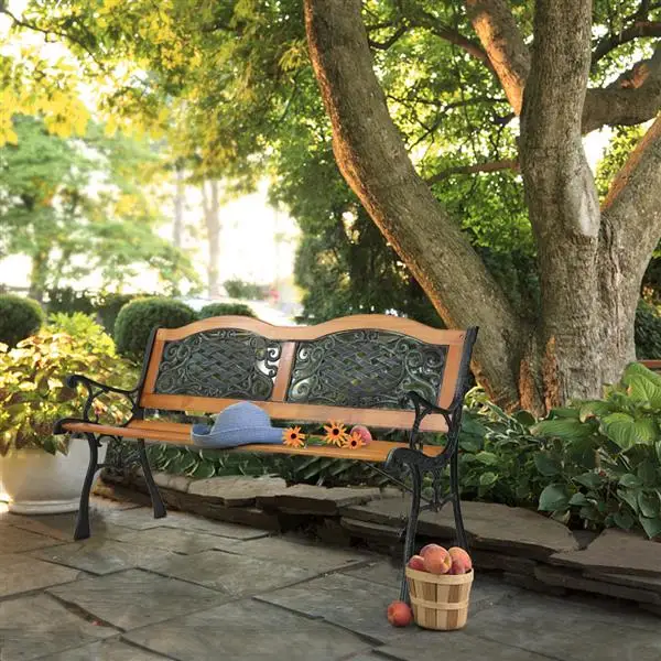 

49" Outdoor Patio Porch Garden Bench Chair Deck Hardwood Cast Iron Love Seat Weave Style Back Easy to Assemble Clean U.S. S