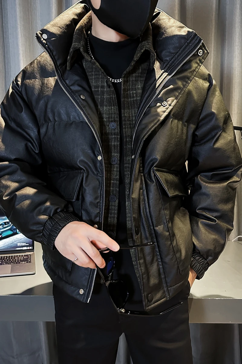 Корейский стиль однотонная искусственная кожа толстая клетчатая кожаная куртка
