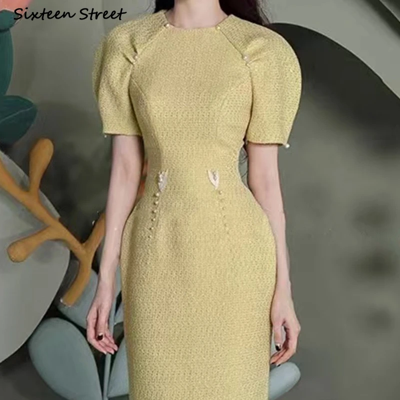 

New Yellow Dress Women Clothing Puff Sleeve Beading High Waist Party Dresses Women 2022 Summer Spring Vintage Chic Bodycon