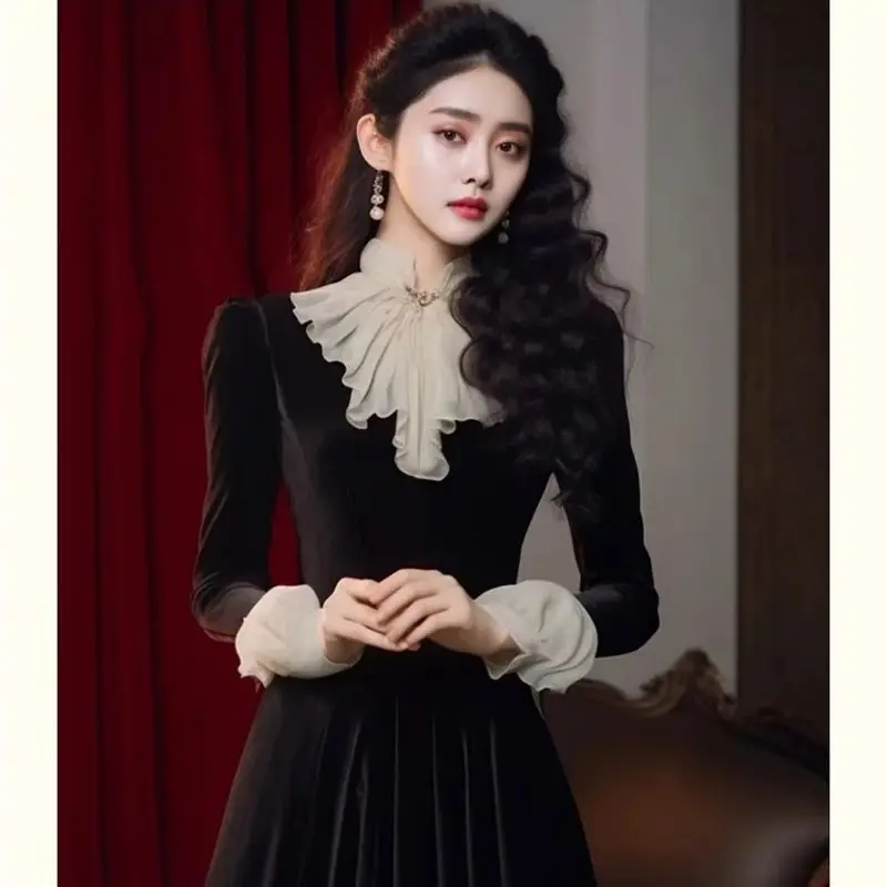 Новое весеннее французское винтажное бархатное длинное платье знаменитостей