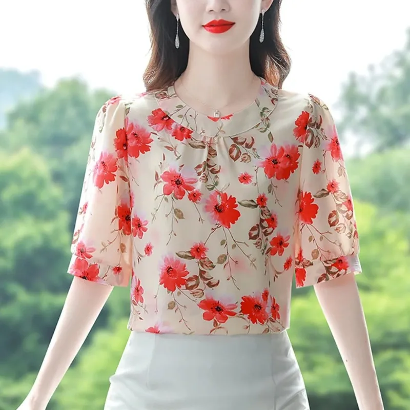 Блузка женская шифоновая с цветочным принтом модный Свободный пуловер круглым