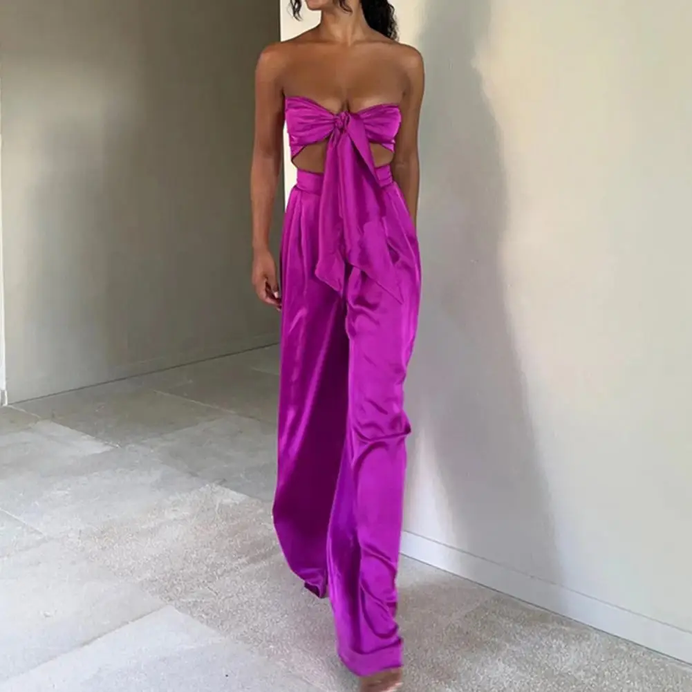 

2 Pcs/Set Women Tube Top Pants Set Solid Color Floor Length Off Shoulder Sleeveless High Waist Summer Vest Trousers Set Female C