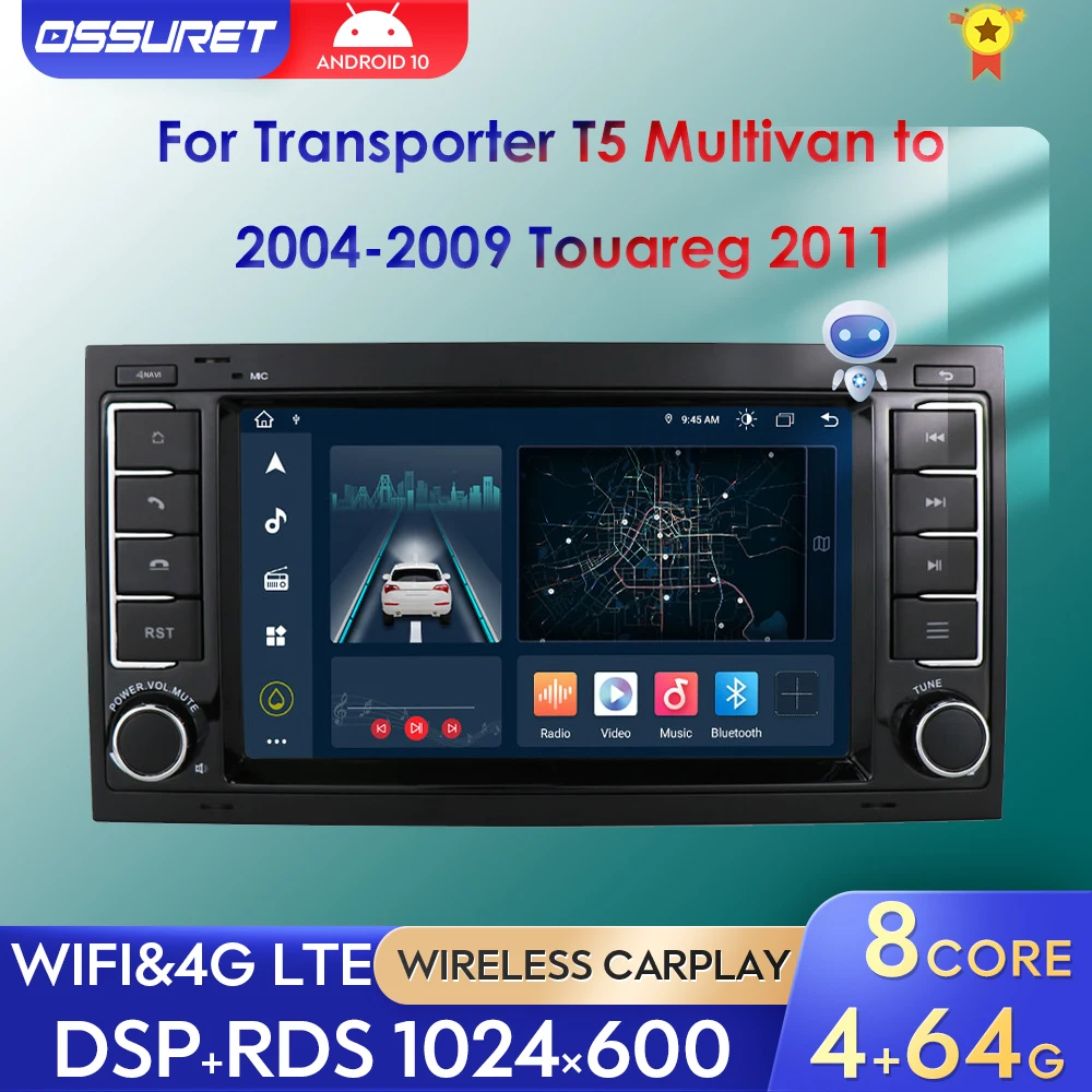 Radio con GPS para coche, reproductor Multimedia con Android 10, 2Din, dsp, para Volkswagen, Vw, Touareg/Transporter /T5, Multivan a 2004-2011