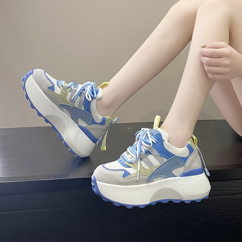 Women Platform Casual Breathable Leather Shoes New Autumn Chunky Sneakers 6.5CM Wedges Hidden Heels Leisure Sports Shoes Woman