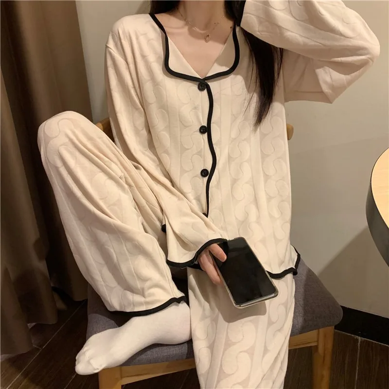 New Spring Autumn Pajamas Women's Imitation Cotton Jacquard Solid Color Wave V-neck Thin Sweet Long Sleeve Lady Sleepwear Suit