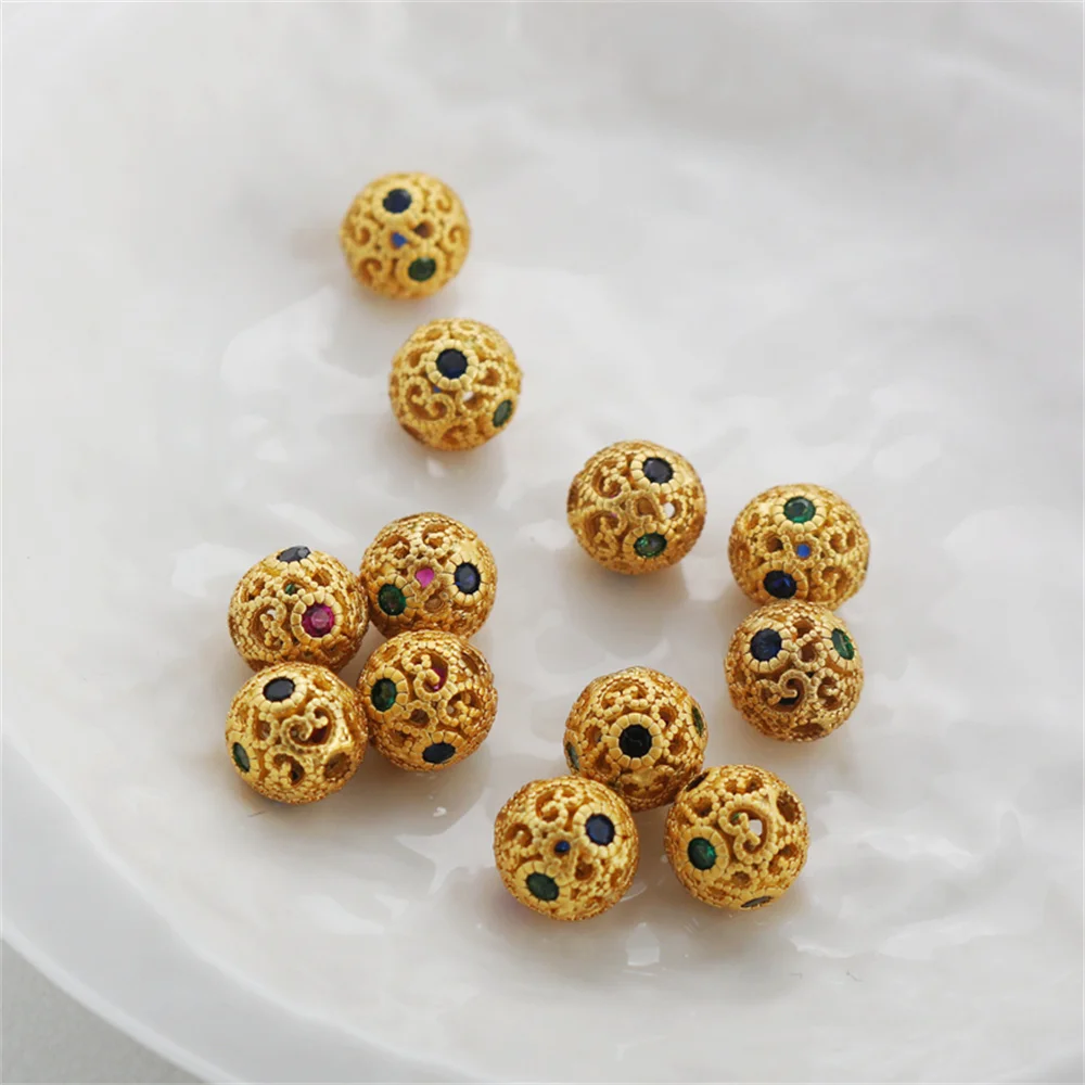 

18K dummy gold retaining zircon hollow pattern round beads 7mm loose beads DIY bracelet necklace with bead septum bead string