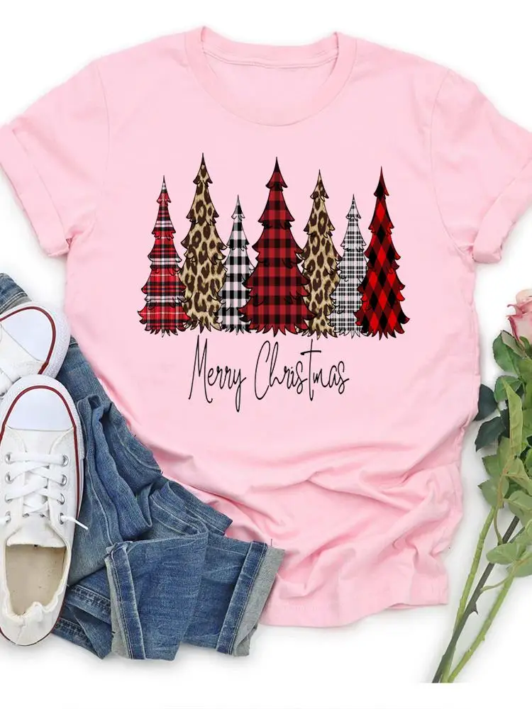 

Клетчатая деревья леопардовая трендовая модная женская футболка с принтом праздничная одежда графическая футболка на Новый год Женские по...