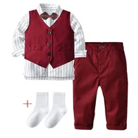 Christmas Baby Boys Clothes Long Sleeve Bowtie Shirt Vest Trousers Gentleman 4Pcs Set Autumn Kid Birthday Party Dress Send Sock