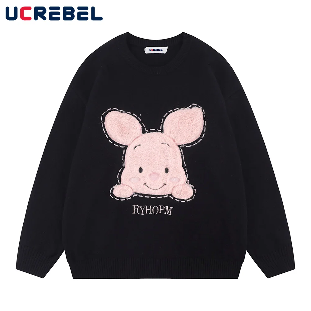 

Cartoon Patch Towel Embroidery Mens Sweater Loose Drop Shoulder Knitted Sweater Autumn Streetwear Dome Long Sleeve Pullover Men
