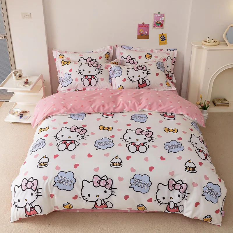 

Kawaii 4Pcs Sets Sanrioed Water Washing Pure Cotton Quilt Cover Hello Kittys Bed Sheet Pillowcase Anime Home Bedding Girls Gifts