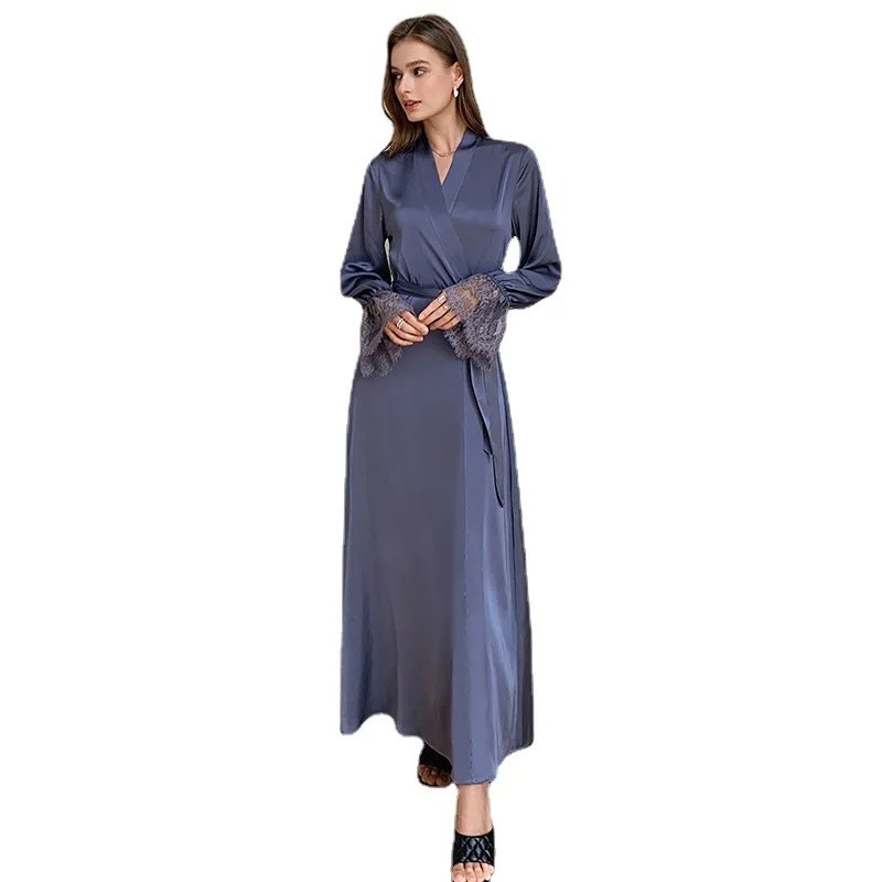 Women's Summer Robe Silk Satin Long Flare Sleeve Sleepwear Sexy Lace Patchwork Nightwear French Elegant Backless Kimono Bathrobe