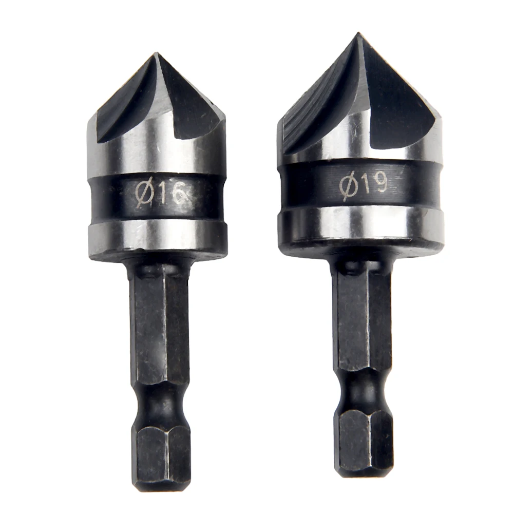 

2Pcs Countersink Drill Bits Chamfer 12/16/19mm Head 1/4'' Hex Shank 5 Flute Cutter For Woodworking Soft Metal Drilling Tools