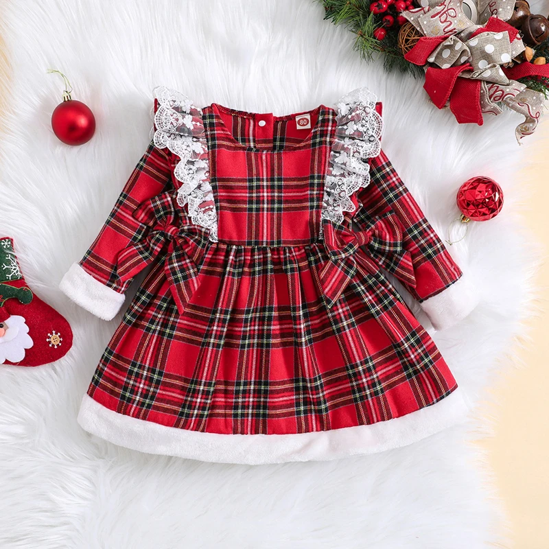 

Girls Autumn Casual A-line Dress Long Sleeve Crewneck Ruffle Plaid Dress with Bow Decor