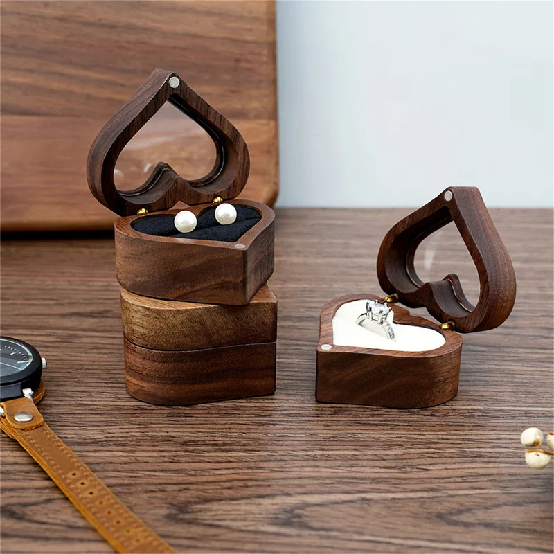 

1PC Heart Walnut Wood Ring Box Portable Proposal Engagement Ring Holder Necklace Stud Ring Jewelry Storage Boxes
