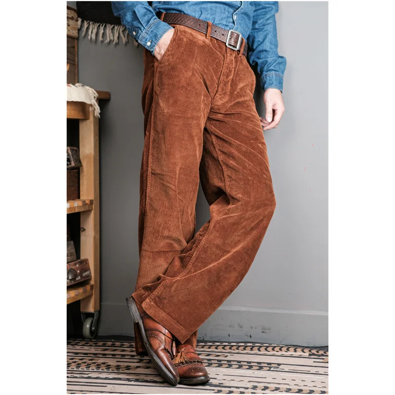 Simons Men's Vintage 50'S Wide Leg Straight Loose Corduroy Pants Amekaji Washed Distressed Heavyweight Chunky Stripes