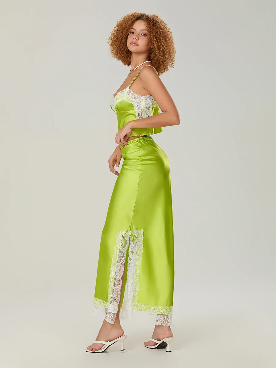 wsevypo Chic Summer Two-Piece Dress Sets Women's Lace Trim Slips Cropped Camis and Slit Long Skirts Party Clubwear Outfits