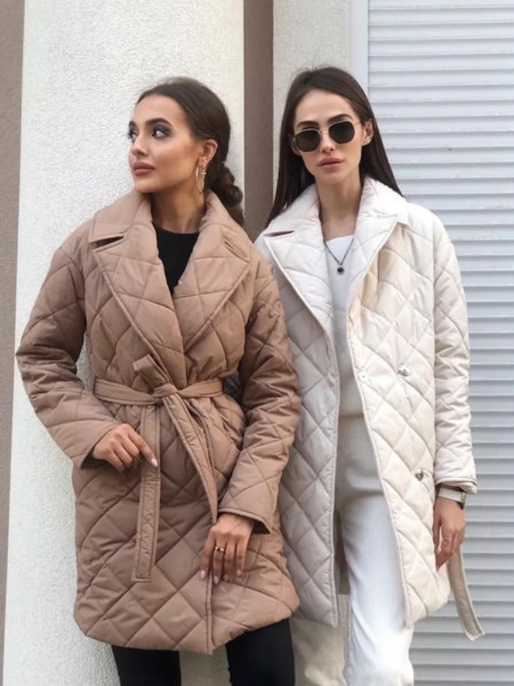 Winter Fashion White Argyle Parkas with Belt Women's Vintage Warm Khaki Cotton-padded Coats 2022 Ladies Long Jackets Streetwear