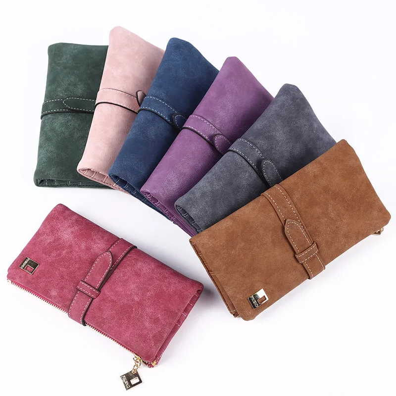 

New Fashion Women Wallets Drawstring Nubuck Leather Zipper Wallet Women's Long Design Purse Two Fold More Color Clutch