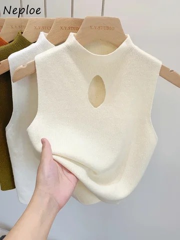 Neploe вязаный пуловер с воротником-стойкой, однотонный жилет без рукавов, винтажные ажурные свитера, осенне-зимний трикотаж Mujer Pull Femme