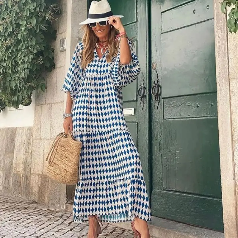 

Summer Maxi Dress Women Short Puff Sleeve Holiday Floral Loose Casual Long Boho Dress Fashion Vintage Bohemian Beach Sundress