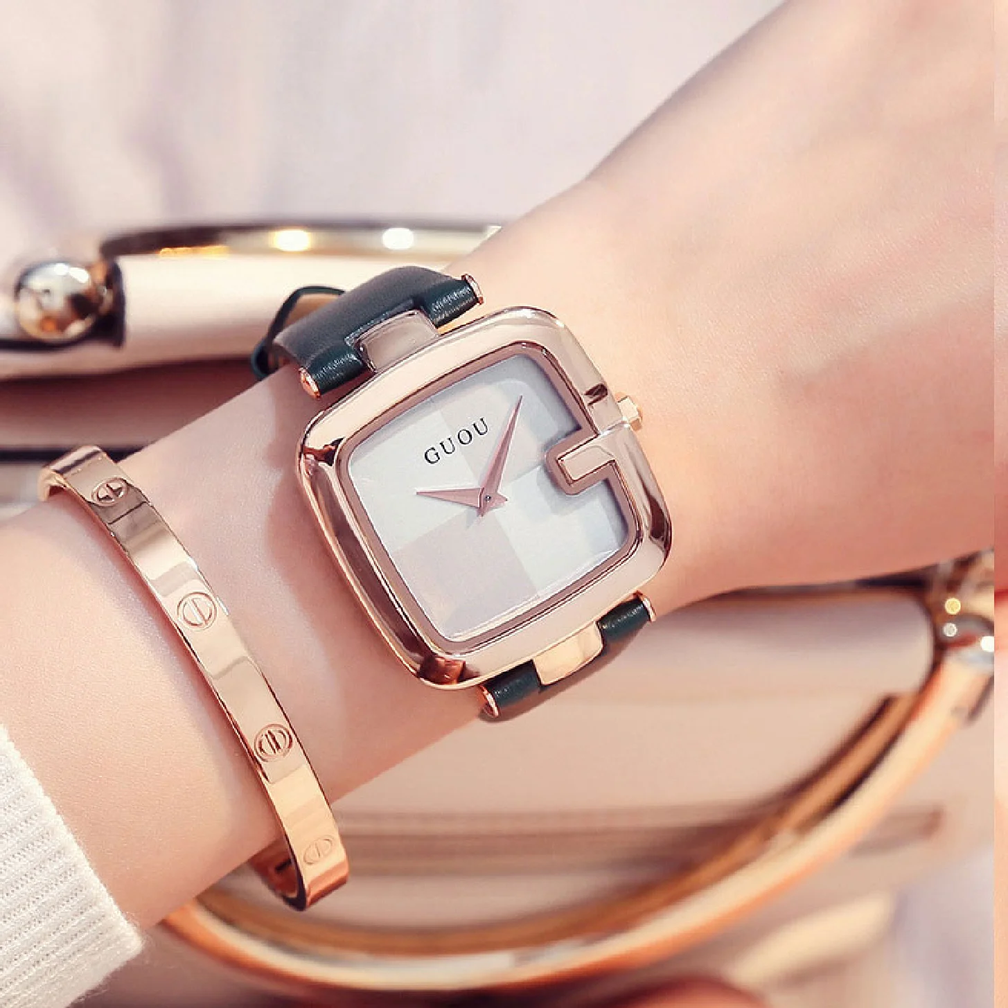 

GUOU Top Brand Women's Watches Square Fashion zegarek damski Luxury Ladies Bracelet For Women Genuine Leather Strap Clocks Saati