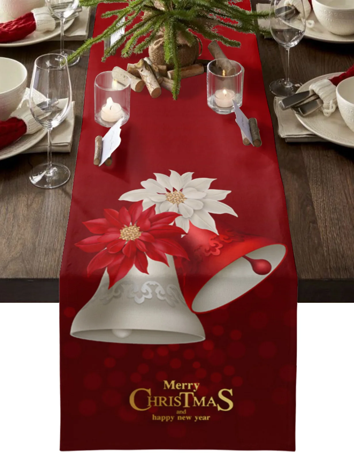 

Christmas Poinsettia Bells Table Runner Kitchen Dining Table Decor Tablecloth Wedding Holiday Decor Table Runner