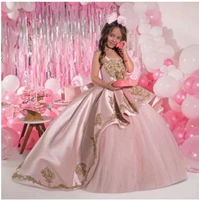 pink princess dress girls wedding dress with tail long flower girls dress cute bow sleeveless ball gown kids pageant formal gown